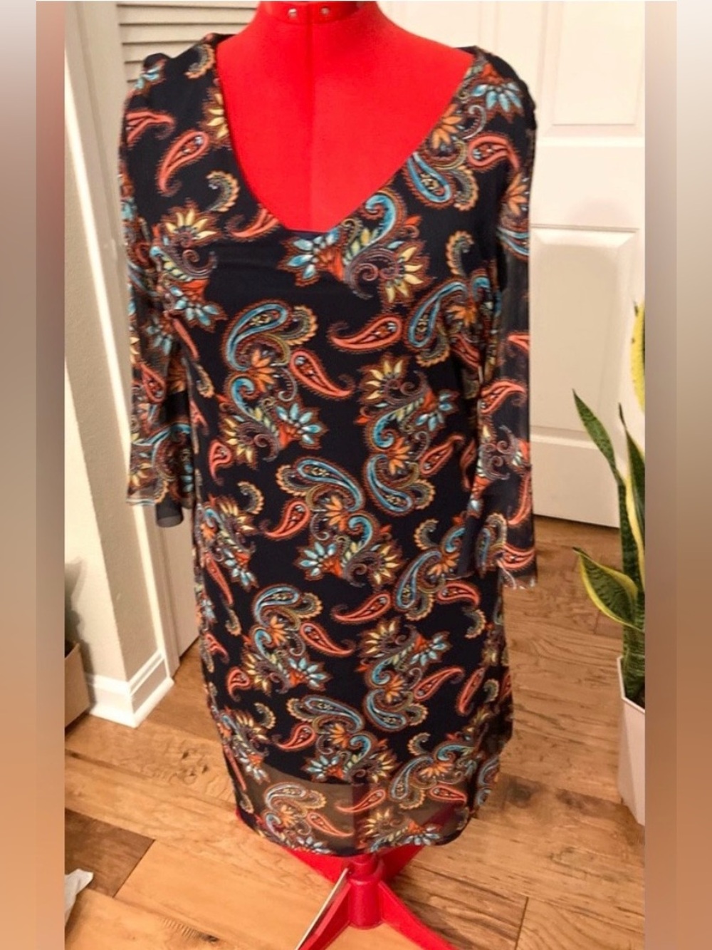 Allison Brittney Petite Paisley Print Dress 3/4 sleeve lined Size XL petite